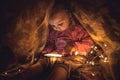 Curious child playing with smart phone hiding in secret place