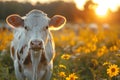 Concept Nature Photography, Sunset Silhouettes, Animal Portrait Curious Cow Amidst Sunset Blooms Royalty Free Stock Photo