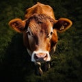 curious cow looking up, embodying the essence of farm life and rural tranquility.