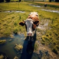 curious cow looking up, embodying the essence of farm life and rural tranquility. Royalty Free Stock Photo