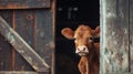 Curious cow peeking out from behind barn door Royalty Free Stock Photo