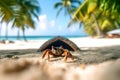 curious crab on the sand surrounded by blurred palm trees and beach scenery in the background, Generative AI Royalty Free Stock Photo