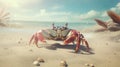 Curious crab on the sandy beach in nostalgic card style. Retro vacation postcard with crab on the coast. Generated AI. Royalty Free Stock Photo