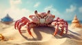 Curious crab on the sandy beach in nostalgic card style. Retro vacation postcard with crab on the coast. Generated AI. Royalty Free Stock Photo