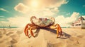 Curious crab on the sandy beach in nostalgic card style. Retro vacation postcard with crab on the coast. Generated AI. Royalty Free Stock Photo