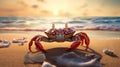 Curious crab on the sandy beach in nostalgic card style. Retro vacation postcard with crab on the coast. Generated AI. Royalty Free Stock Photo