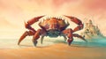 Curious crab on the sandy beach in nostalgic card style. Retro vacation postcard with crab on the coast. Generated AI. Royalty Free Stock Photo