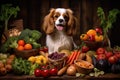 Curious Cute dog near fruits. Generate Ai