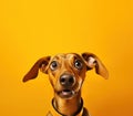 Curious Dachshund dog looking up at blank copy space, on bright yellow background.