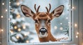 Curious Deer Looking Through Holiday Window. Royalty Free Stock Photo