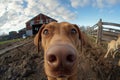 Curious Dog Gazing Into the Camera on a Farm, Close up Shot with Barn in the Background, Playful Expression in Country Setting,