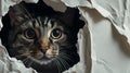 Curious domestic shorthair cat peeking out of a hole in bright white paper background