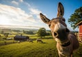 A curious donkey is front and center in a countryside setting. Rolling green fields extend into the Royalty Free Stock Photo