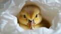 The curious duckling, colored yellow, peeks through torn paper under studio lighting Royalty Free Stock Photo