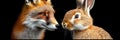 Curious Encounter Fox and Rabbit Meet Face-to-Face Against a Striking Black Background Royalty Free Stock Photo