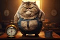 Curious Fat cat standing on scales. Generate Ai Royalty Free Stock Photo