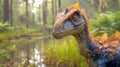 Curious feathered dinosaur by a pond in a hazy forest Royalty Free Stock Photo