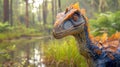 Curious feathered dinosaur by a pond in a hazy forest