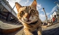 Curious feline capturing itself with a camera. AI generative