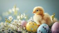 A curious fluffy yellow feathers chick nestled among pastel colored Easter eggs and blooming flowers on a minimal blue backdrop.