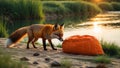 Red Fox Walking Near Orange Beanbag at the Riverbank During Sunset Royalty Free Stock Photo