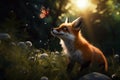 curious fox gazing at a monarch butterfly in a dappled light forest clearing