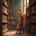 Curious Fox Reading Book on Stool in Cozy Library â Study and Research Illustration Royalty Free Stock Photo
