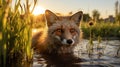 A curious fox sniffing around in the grass.