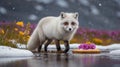 Arctic fox with white fur, standing beside flower tart in a snowy winter landscape. Royalty Free Stock Photo