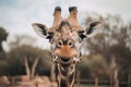 A curious and friendly Giraffe sticking out its long tongue, showing off its curious and friendly nature. Generative AI