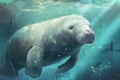 A curious and friendly Manatee swimming in the ocean, showing off its curious and friendly nature. Generative AI