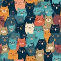 curious funny cats crowd background seamless pattern