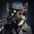 Curious German Shepherd Dog Dressed as Detective Investigating with Magnifying Glass AI Generated Royalty Free Stock Photo