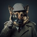 Curious German Shepherd Dog Dressed as Detective Investigating with Magnifying Glass AI Generated