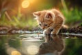 Curious ginger kitten observing a fish in a pond, with a reflection in the water and a warm sunset backdrop. Royalty Free Stock Photo