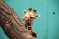 Curious Giraffe Peeking from Behind a Tree Trunk with Blue Background Royalty Free Stock Photo
