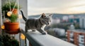Curious gray kitten exploring a balcony with cityscape background Royalty Free Stock Photo