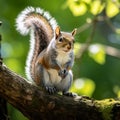 Curious Gray Squirrel Nibbling on Acorn in Lush Forest
