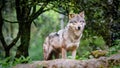 Curious gray wolf prowling in the forest Royalty Free Stock Photo
