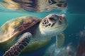 curious green sea turtle poses for shooting, close-up - Generative AI