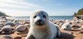 Curious grey seal pup resting on a pebble beach with the ocean in the background embodying wildlife innocence Royalty Free Stock Photo