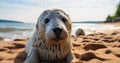 Curious grey seal pup resting on a pebble beach with the ocean in the background embodying wildlife innocence Royalty Free Stock Photo