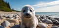 Curious grey seal pup resting on a pebble beach with the ocean in the background embodying wildlife innocence Royalty Free Stock Photo