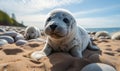 Curious grey seal pup resting on a pebble beach with the ocean in the background embodying wildlife innocence Royalty Free Stock Photo