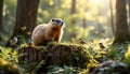 Curious groundhog sitting on a tree stump surrounded by colorful birds in a lush forest Royalty Free Stock Photo