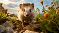 A curious hedgehog amidst flowers and rocks