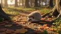 A Curious Hedgehog Exploring the Autumn Forest Floor Path with Warm Sunlight Royalty Free Stock Photo