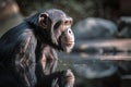 A curious and intelligent Chimpanzee looking at its reflection, showing off its curious and intelligent nature. Generative AI