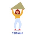 Curious Kid Confidently Holds A Triangular Shape, Little Girl Character Embracing The Joy Of Geometry Learning