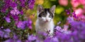 The curious kitten amidst a colorful flower garden in bloom. AI generated image Royalty Free Stock Photo